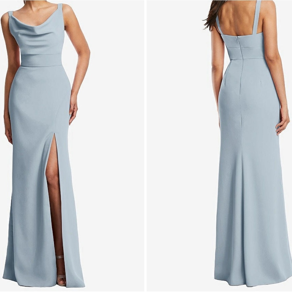 Cowl-neck bridesmaid/prom dress with front slit, light blue